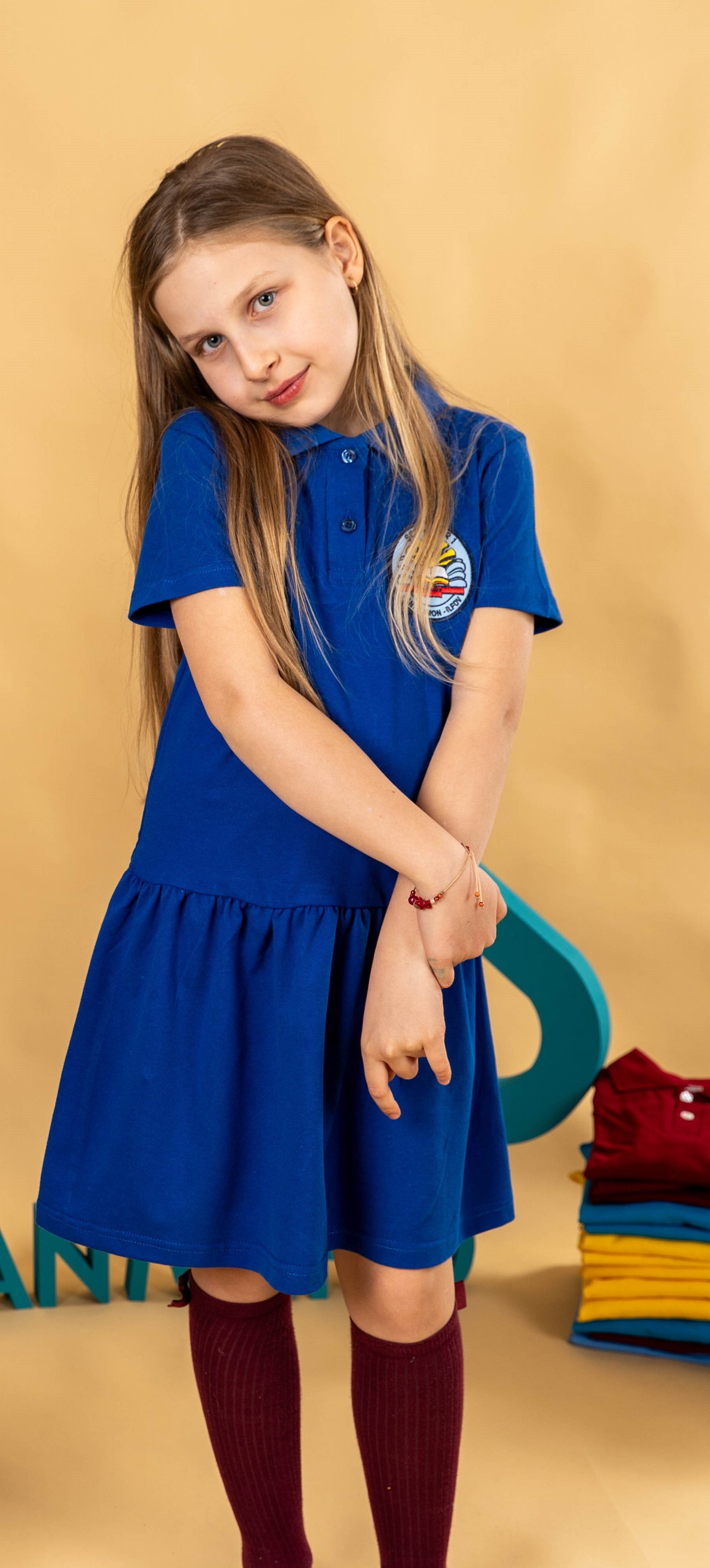 Sarafan cu mânecă scurtă și vestă – albastru royal cu personalizare