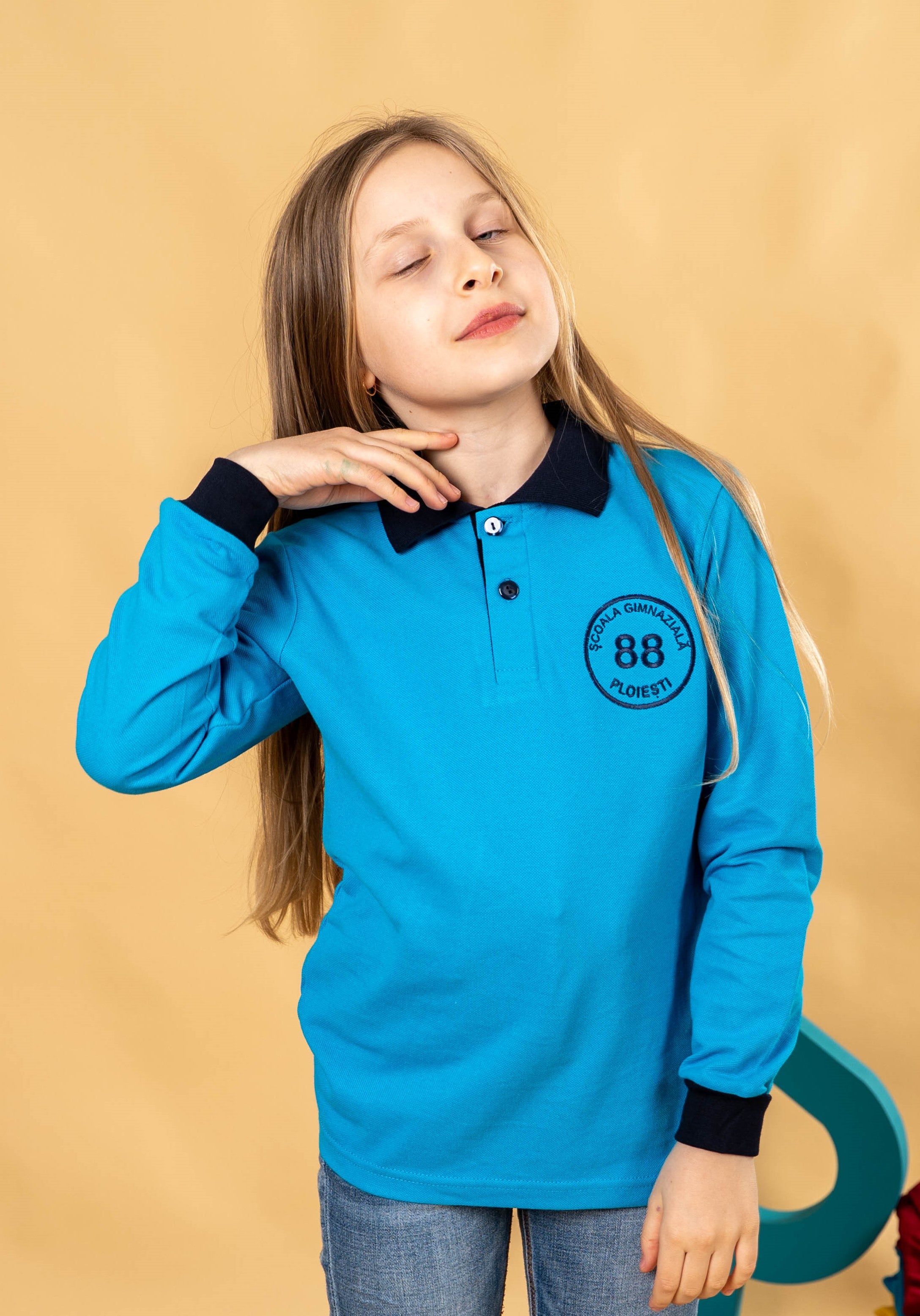 Tricou polo pentru copii cu maneca lunga bicolor albastru/negru  - BR09