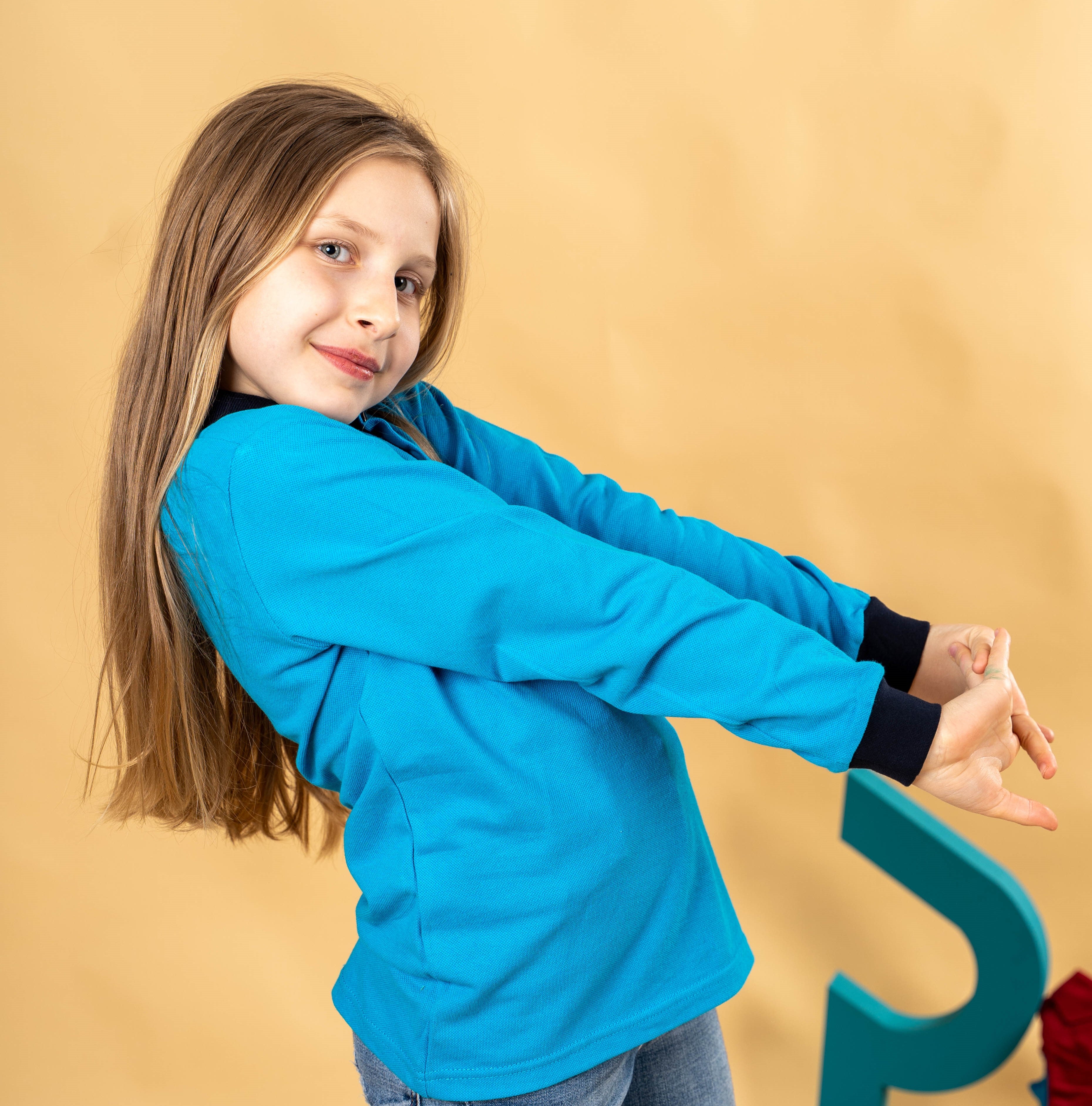 Tricou polo pentru copii cu maneca lunga bicolor albastru/negru  - BR09