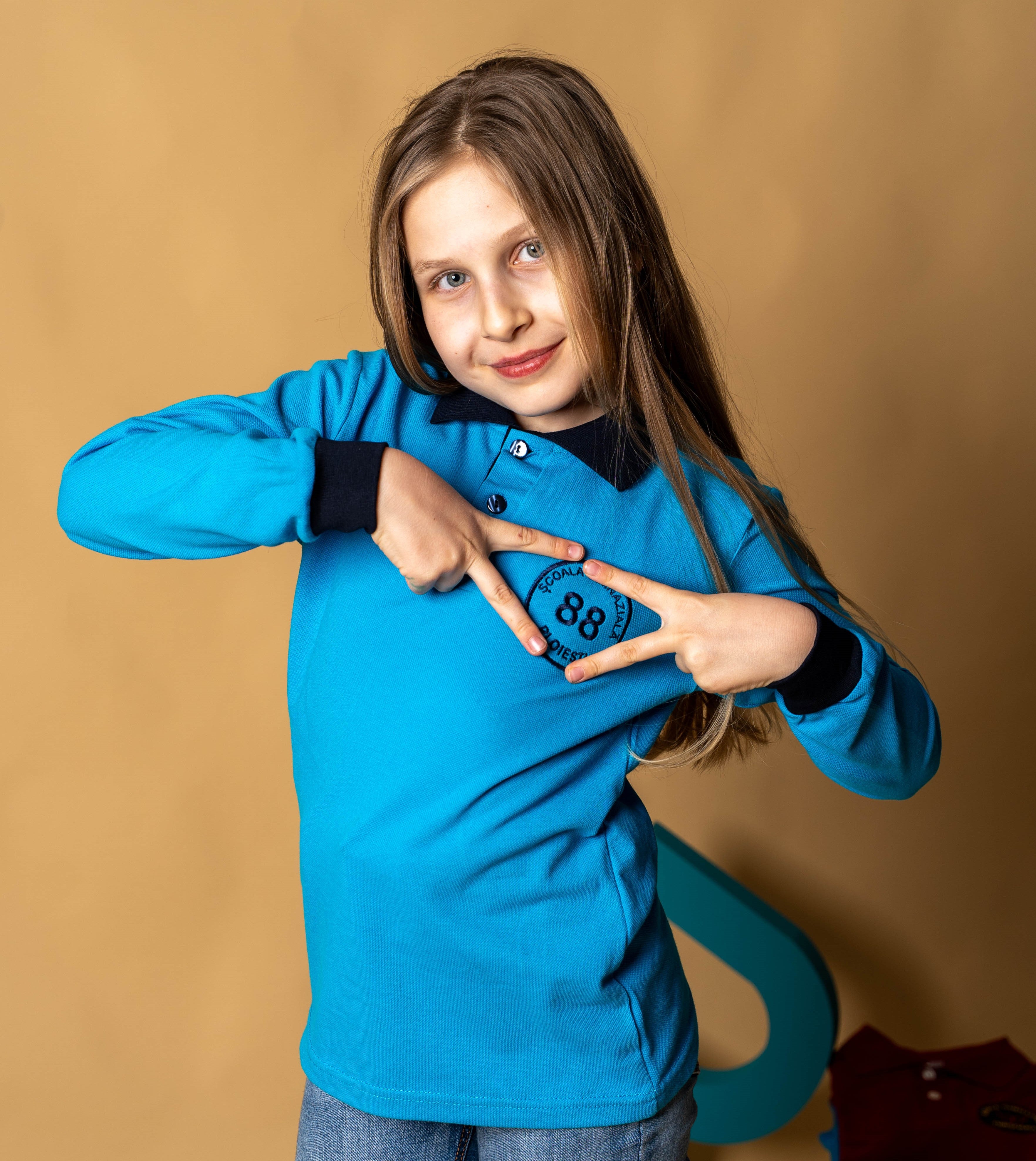 Tricou polo pentru copii cu maneca lunga bicolor albastru/negru  - BR09