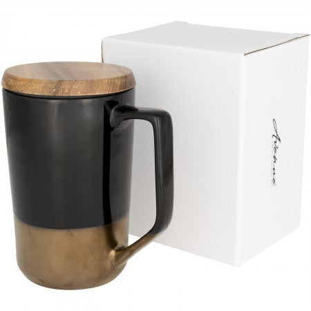 Tahoe tea and coffee ceramic mug with wood lid, solid black