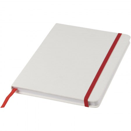 White A5 spectrum notebook with coloured strap, red