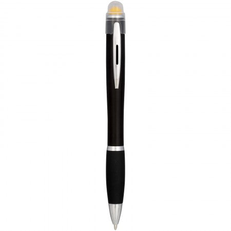 Nash coloured light up black barrel ballpoint pen, yellow