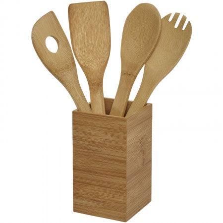 Baylow 4-piece kitchen utensil set with holder, brown, 9,6 x