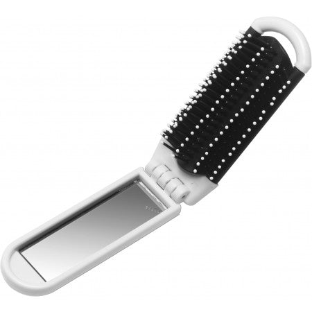 Foldable hair brush with mirror, white