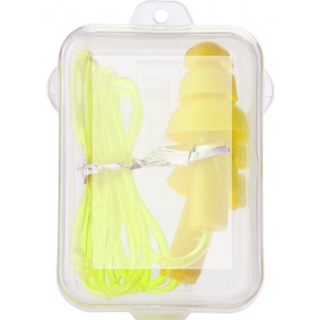Silicone ear plugs attached to a cord., yellow