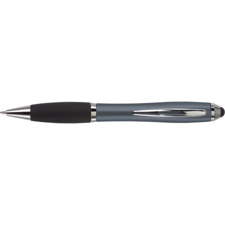 Ballpen with black rubber grip and stylus, grey