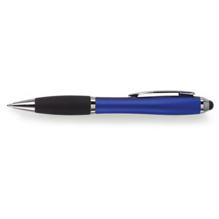 Ballpen with black rubber grip and stylus, blue