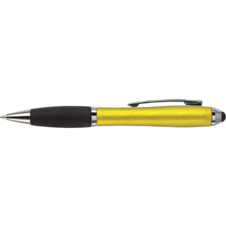 Ballpen with black rubber grip and stylus, yellow