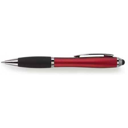 Ballpen with black rubber grip and stylus, red
