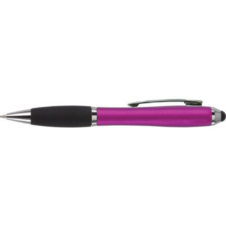 Ballpen with black rubber grip and stylus, pink