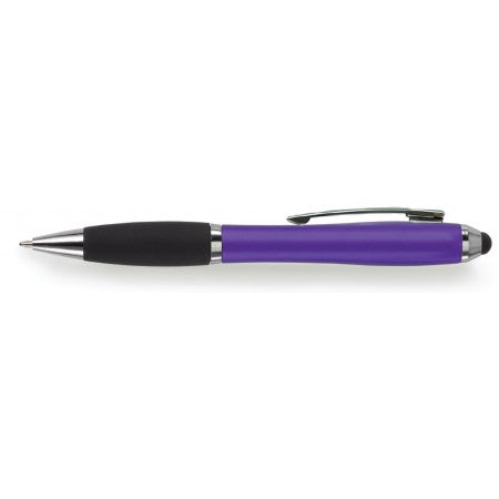 Ballpen with black rubber grip and stylus, purple