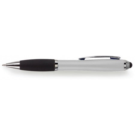 Ballpen with black rubber grip and stylus, silver