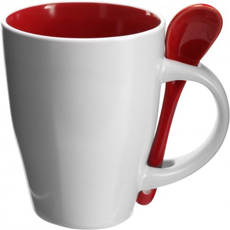 Coffee mug with spoon (300ml), red