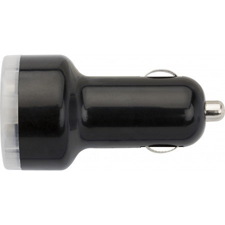 Plastic car power adapter with two USB ports, black