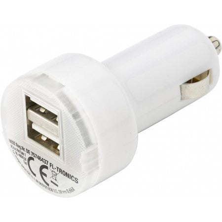 Plastic car power adapter with two USB ports, white