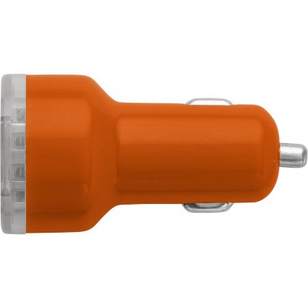 Plastic car power adapter with two USB ports, orange