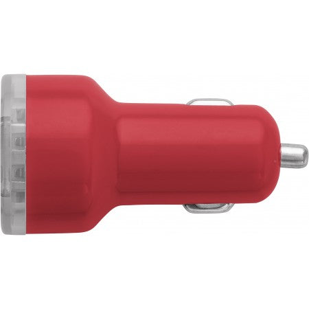 Plastic car power adapter with two USB ports, red