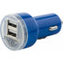Plastic car power adapter with two USB ports, cobalt blue