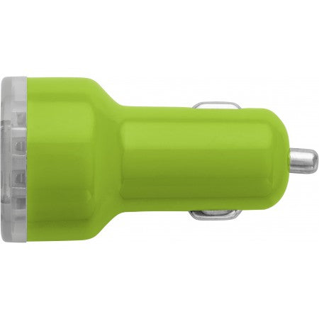 Plastic car power adapter with two USB ports, light green