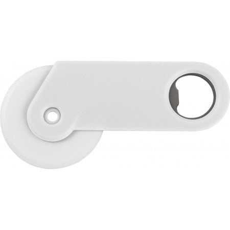 Plastic pizza cutter and bottle opener, white
