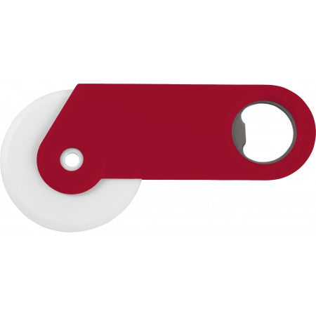 Plastic pizza cutter and bottle opener, red