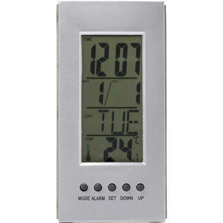 Desk clock with thermometer, silver