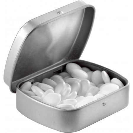 Tin case with sugar free mints, silver