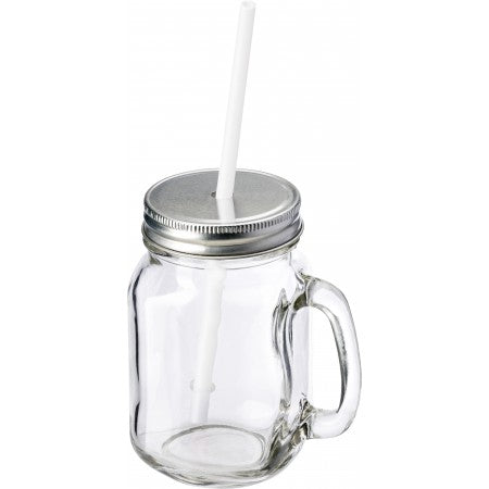 Glass mason drinking jar with handle (480ml), neutral