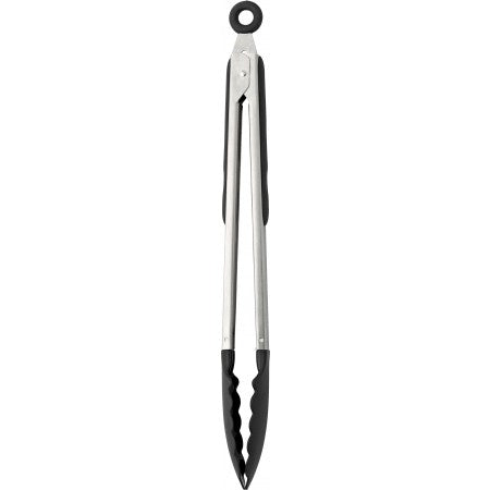 Food tongs with a rubber gripped handle., black/silver