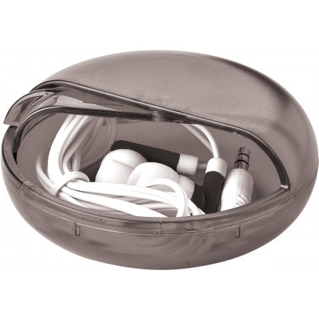 Pair of coloured earphones in a round plastic case, black