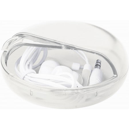 Pair of coloured earphones in a round plastic case, white