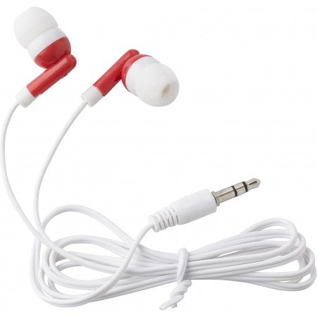 Pair of coloured earphones in a round plastic case, red