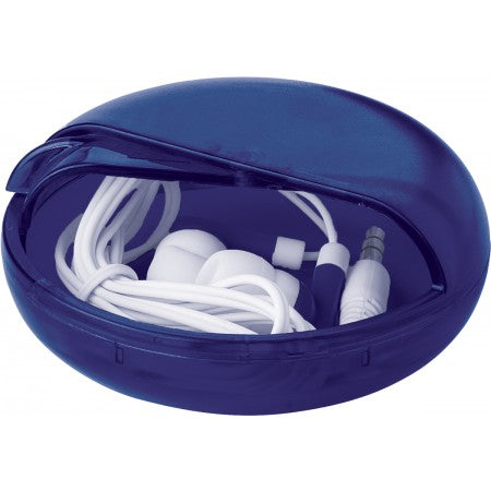 Pair of coloured earphones in a round plastic case, cobalt blue