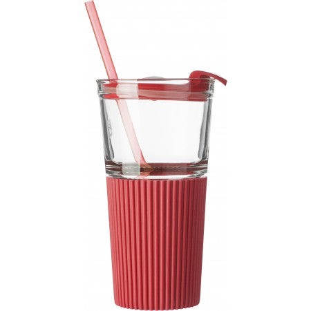 Glass drinking mug with matching straw (500ml), red