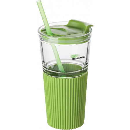 Glass drinking mug with matching straw (500ml), light green