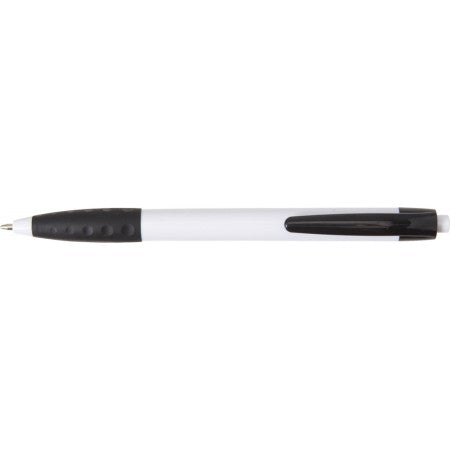 Plastic ballpen with a black clip and rubber grip, white