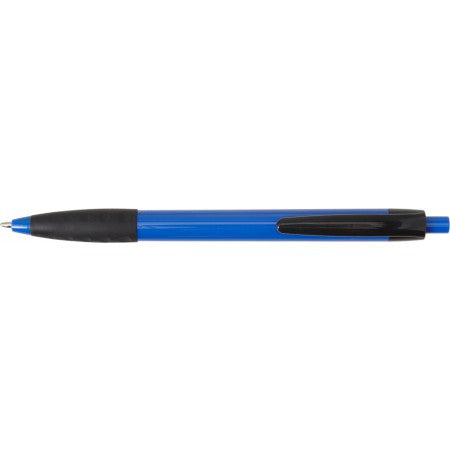 Plastic ballpen with a black clip and rubber grip, blue