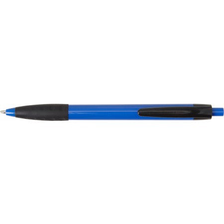 Plastic ballpen with a black clip and rubber grip, blue
