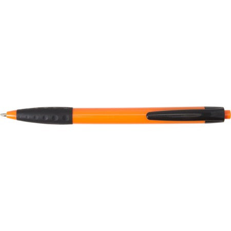 Plastic ballpen with a black clip and rubber grip, orange