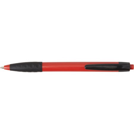Plastic ballpen with a black clip and rubber grip, red