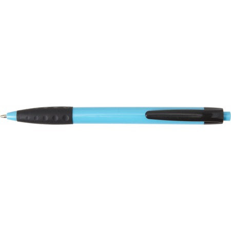 Plastic ballpen with a black clip and rubber grip, light blue