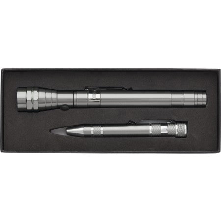 Set of torch and screwdriver in gift box, grey