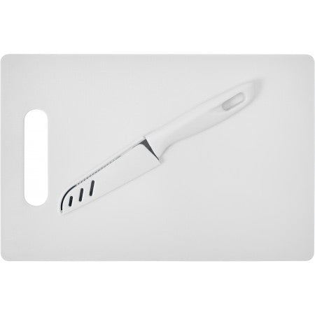 Kitchen set with plastic chopping board and knife, white