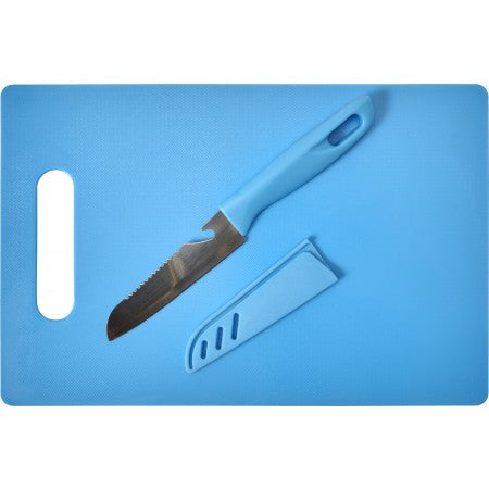 Kitchen set with plastic chopping board and knife, light blue