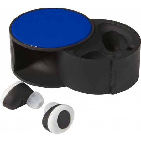 In-ear headphones in plastic case, cobalt blue