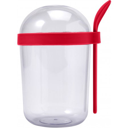 Plastic breakfast cup with spoon (530ml), red