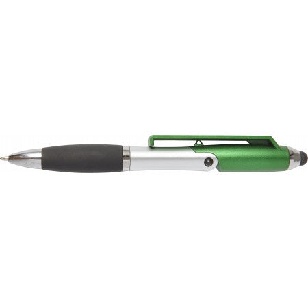 Plastic ballpoint pen and mobile phone holder, green