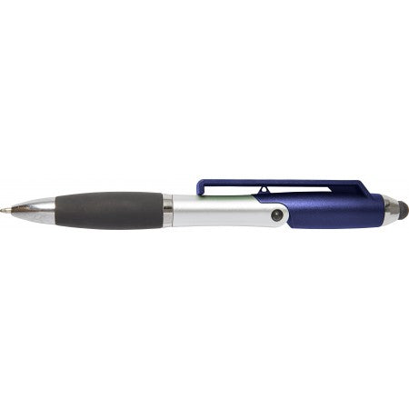 Plastic ballpoint pen and mobile phone holder, blue