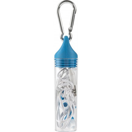 In-ear earphones in plastic tube, cobalt blue